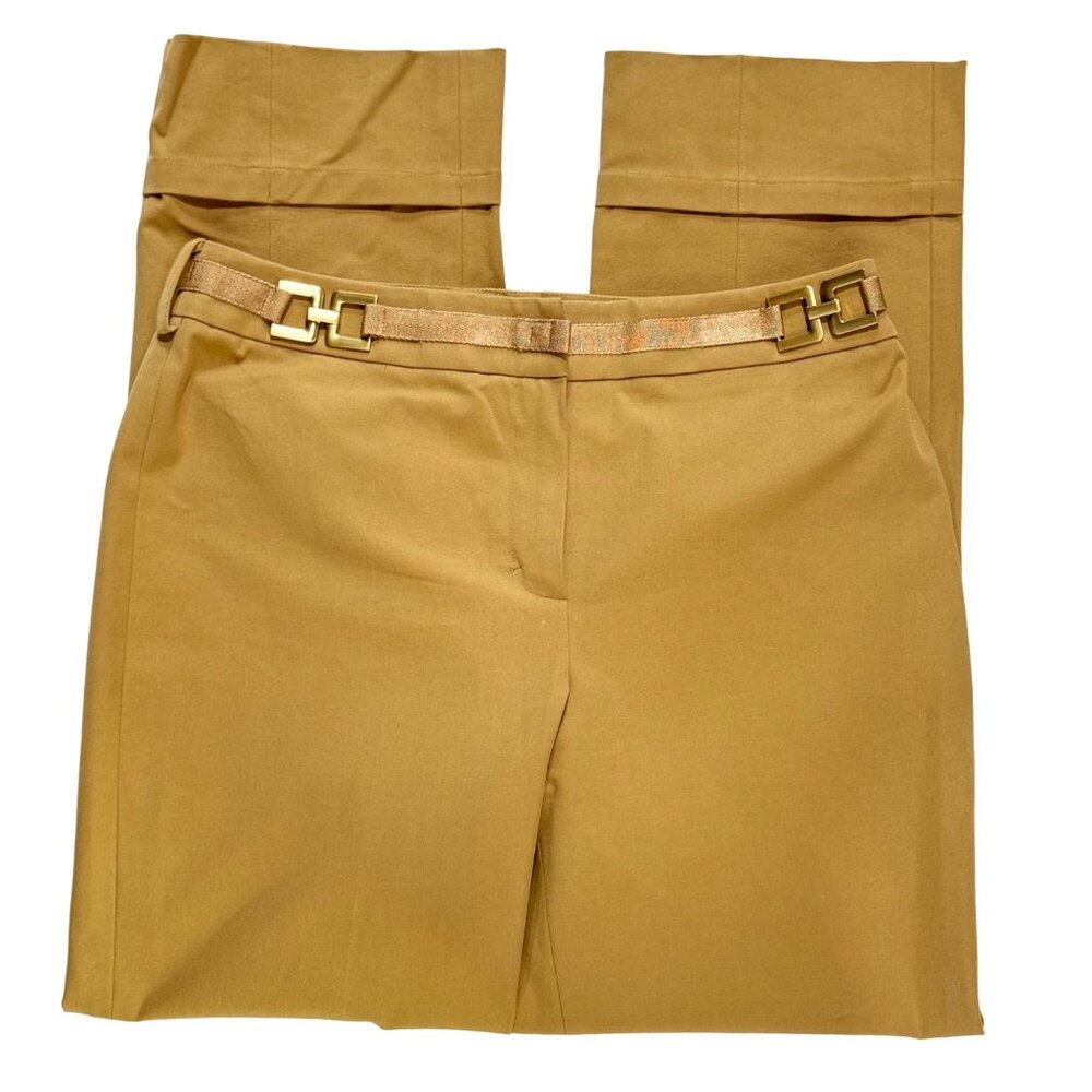 PER SE Women's Tan Dress Pants Gold Trim Belt Cotton Stretch Fly Zip Size 10